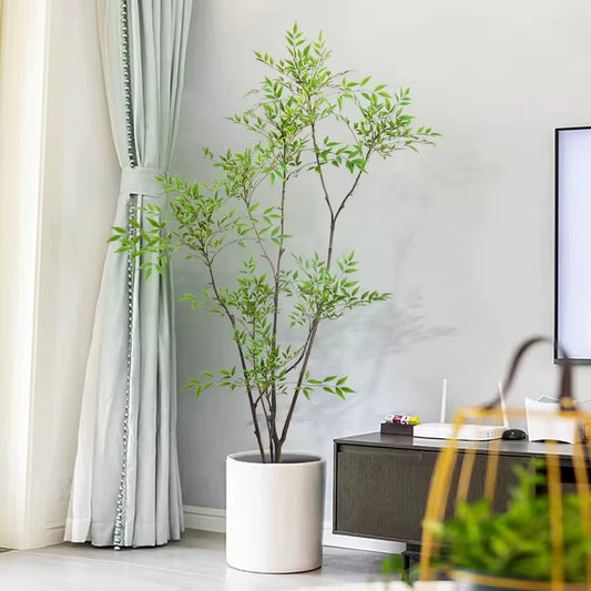 Heavenly Bamboo(Nandina domestica) - Nandina domestica - indoor home decoration scene, artificial heavenly bamboo planted in white cylindrical ceramic pot with delicate green leaves naturally unfurling against curtain and TV cabinet backdrop