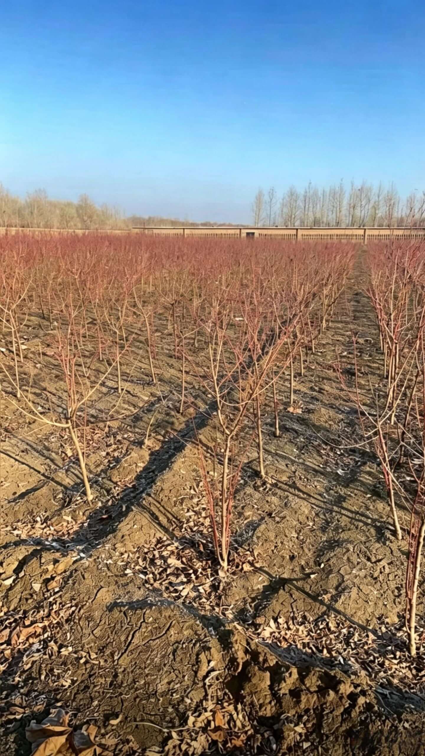 Prunus persica 'Rubroplena' - Прямостоячие красноватые побеги чье беслиственное состояние придает уникальную эстетическую привлекательность; идеально для садового ландшафта или акцента во дворе