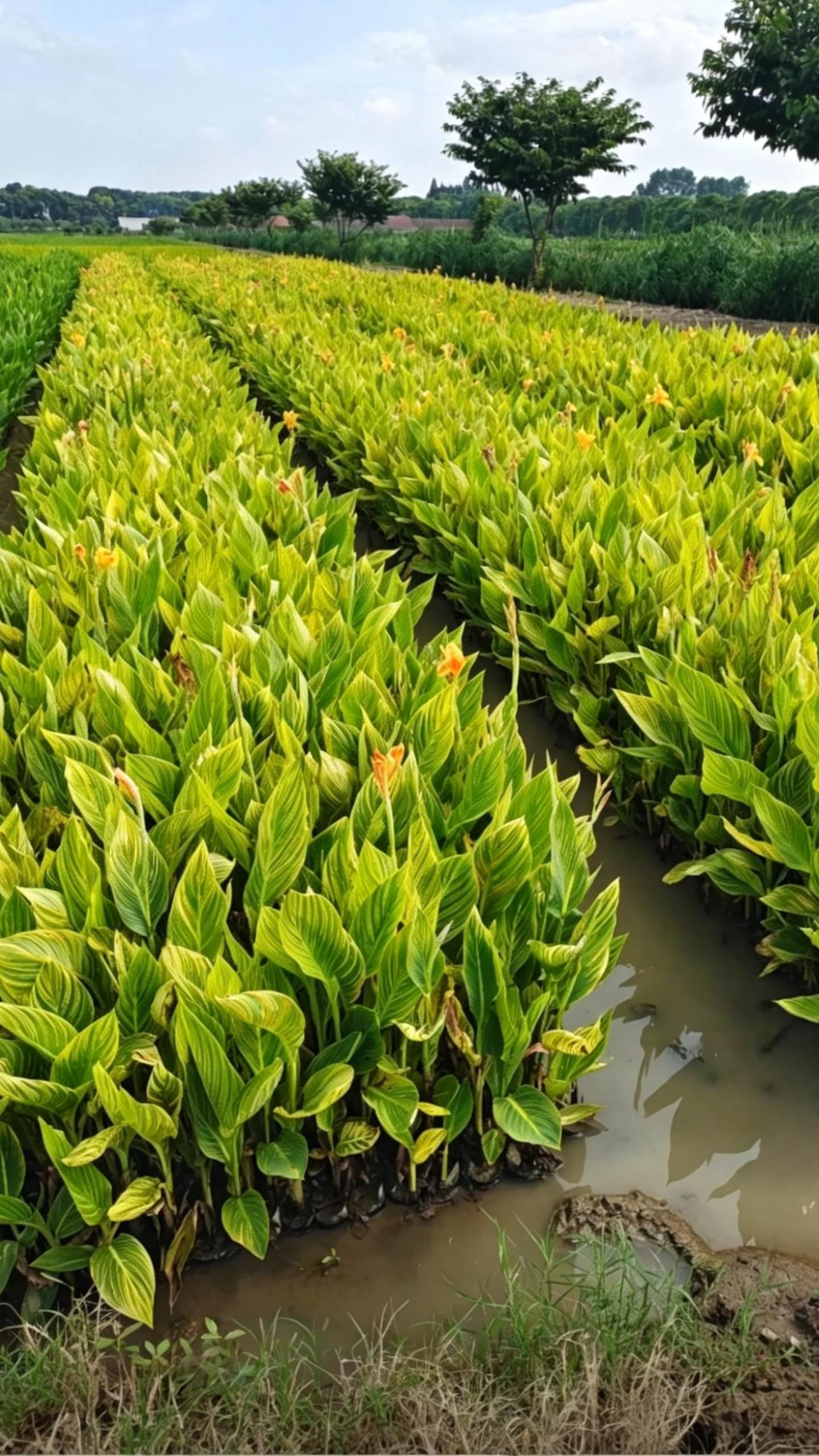 Канна индийская (Canna indica) - Широкие ярко-зеленые листья с волнистыми краями, яркие желтые цветы, аккуратный рост.